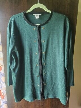 C.D. Daniels Emerald Green Zip Front Cardigan with Black Trim and Gold Accents